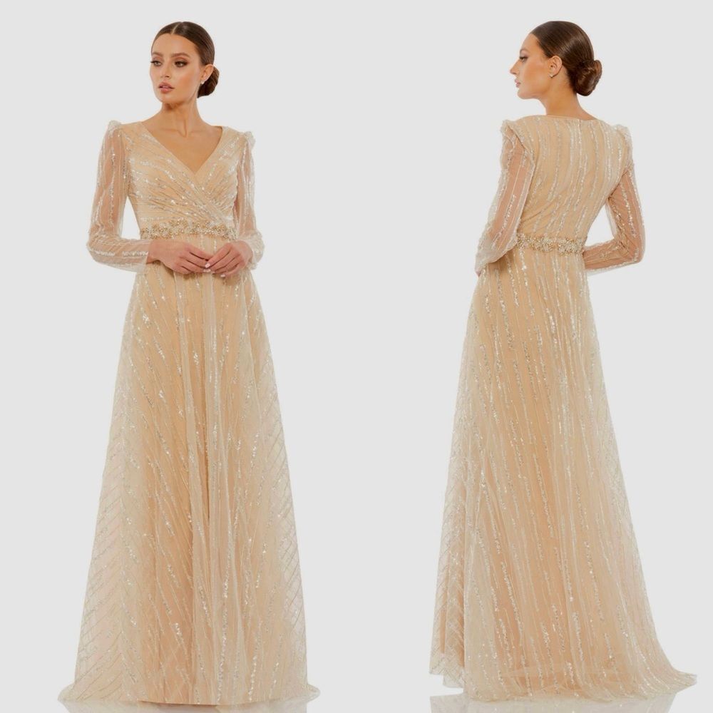 MAC DUGGAL 67859 Sequin Embellished Formal Evening Gown, Champagne, Size 14